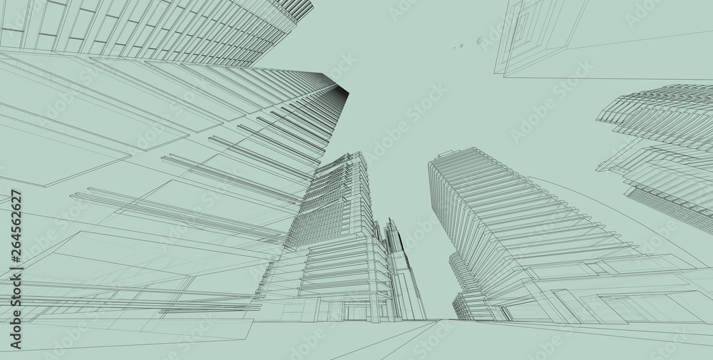 3D illustration architecture building perspective lines. 3D illustration architecture building perspective lines.