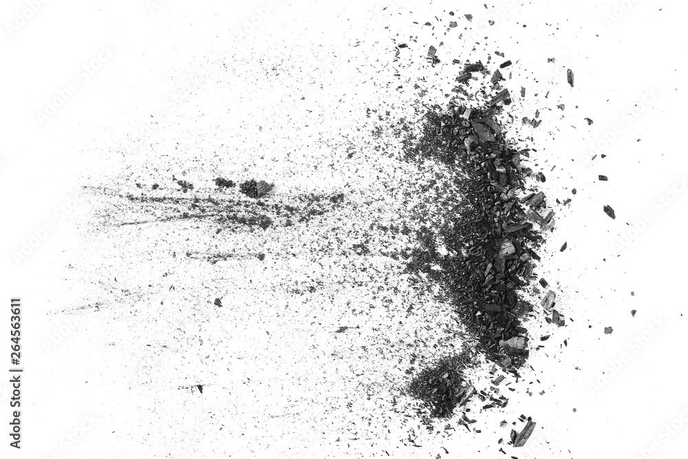 Obraz premium Black charcoal dust, gunpowder isolated on white background and texture, top view