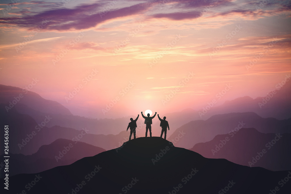 Silhouette of the team on the mountain - obrazy, fototapety, plakaty 