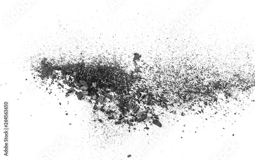 Black charcoal dust, gunpowder isolated on white background and texture, top view