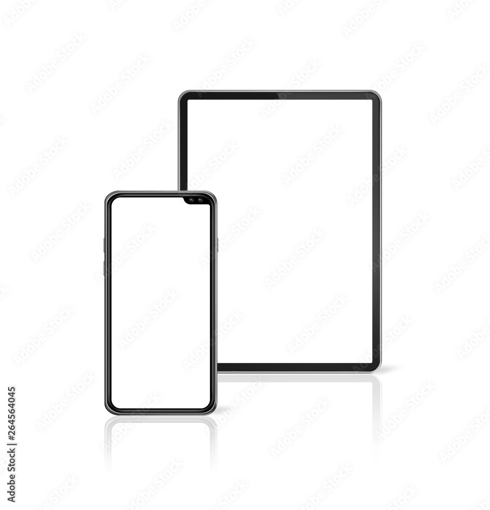Tablet and mobile phone set mockup isolated on white. 3D render Tablet and mobile phone set mockup isolated on white. 3D render