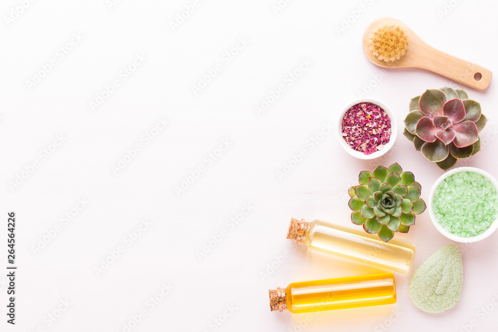 Spa background with handmade bio cosmetic and  cactus composition, flat lay, space for a text - Image.