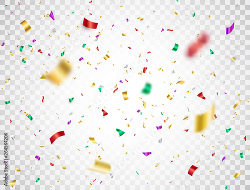 Colorful confetti falling on transparent background. Shiny festive confetti and tinsel. Bright party backdrop. Holiday design elements for web banner, poster, flyer, invitation. Vector illustration