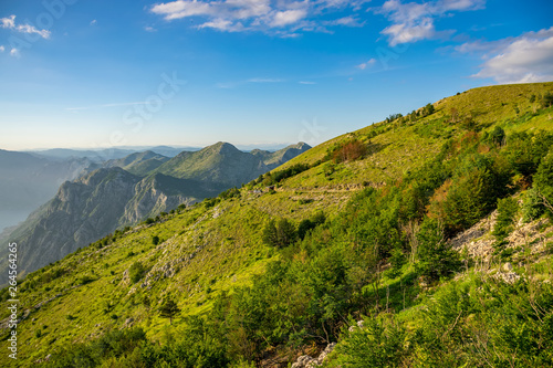 Scenic views of the Bay of Kotor open from a viewpoint on the top of the mountain.