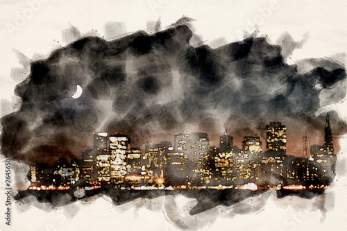 Photography skyline of San Francisco at night in watercolors