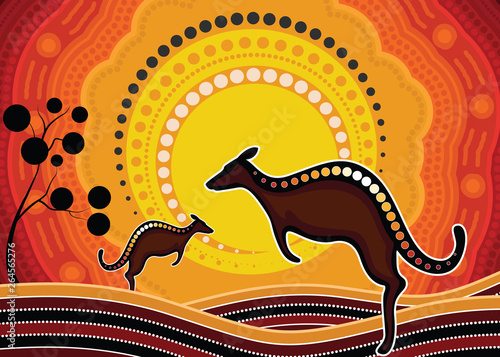 Aboriginal art vector painting with kangaroo. Illustration based on aboriginal style of landscape dot background.