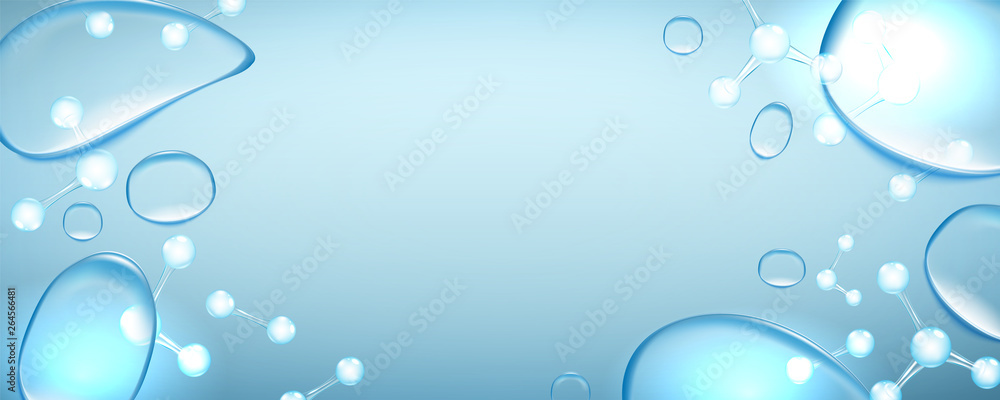 Beautiful, horizontal, blue,background with realistic water splash and molecules for advertising banners and cosmetics advertisements with copy space