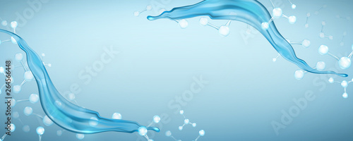 Beautiful, horizontal, blue,background with realistic water splash and molecules for advertising banners and cosmetics advertisements with copy space