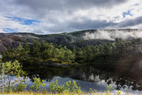 Scenic lake and natural landscape along a road in Hordaland county near Bergen, Norway