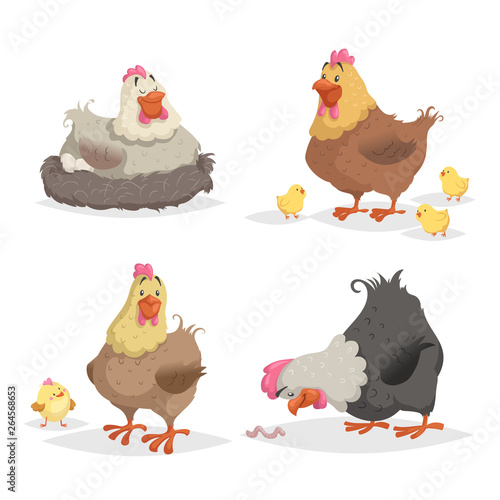 Cute cartoon hens set. Clockinh hen, mother with chickens, looking on wotm. Farm animals vector illustrations isolated on white background.