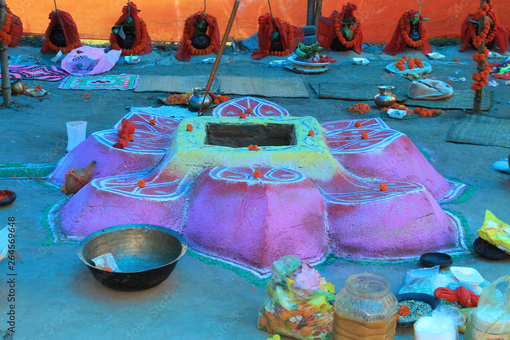 Havan kund puja in Hindu Temple. Lotus shaped Yajna Kunda ( Homa Kundm