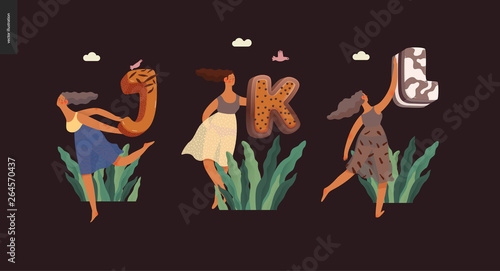 Dessert font ABC- modern flat vector concept digital illustration of temptation font, sweet lettering and girls. Caramel, toffee, biscuit, waffle, cookie, cream and chocolate letters