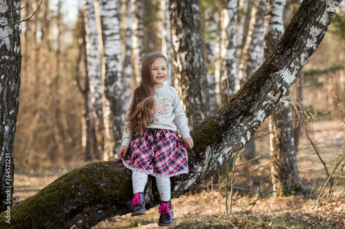  little girl with long hair sitting in the forest