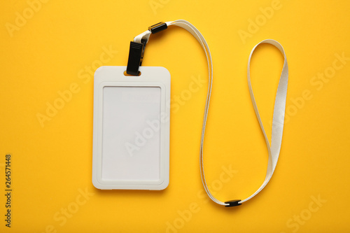Event badge lanyard, name tag id on yellow background. Visitor card blank, vip backstage mockup.