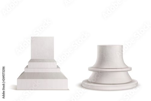 Pedestal, plinth, marble podium set isolated on white background. Mockup graphic element for product or exhibit presentation. Stone bust stand for historical museum. Realistic 3D Vector Illustration.