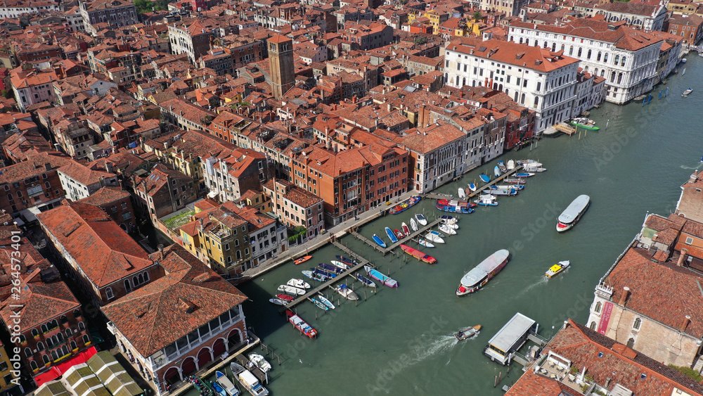 Aerial drone photo of iconic and unique Grand Canal crossing city of Venice as seen from high altitude, Italy