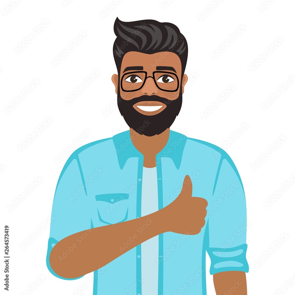 Happy smiling man shows thumbs up. Gesture, symbol or sign Like, cool, agree, approve. Bearded dark-haired guy with brown eyes in a shirt. Cartoon positive character on white background. Vector image.