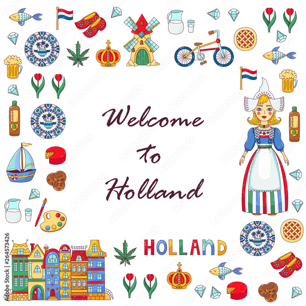 Holland Netherlands doodle cartoon vector set square frame Holland Netherlands doodle cartoon vector set square frame