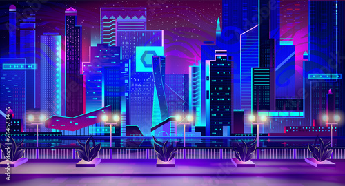 Night city with neon lights and quay with street plants going along waterfront. Futuristic urban architecture, panoramic view cityscape, modern megapolis buildings exterior Cartoon Vector Illustration