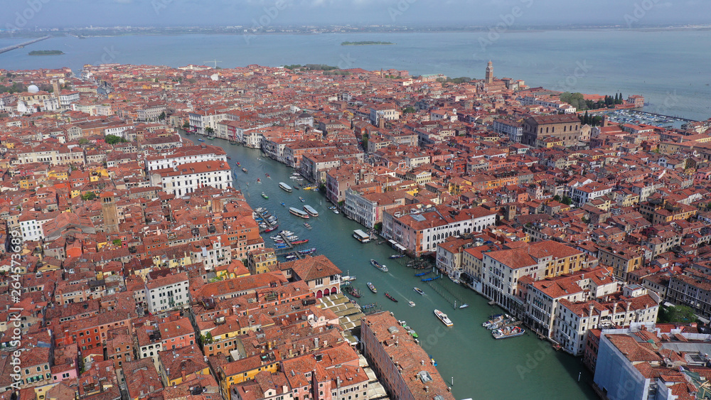 Aerial drone photo of iconic and unique Grand Canal crossing city of Venice as seen from high altitude, Italy Aerial drone photo of iconic and unique Grand Canal crossing city of Venice as seen from high altitude, Italy