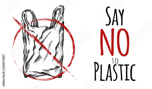 Say no to plastic. Black and white line drawing of a plastic bag with hatching. Environmental pollution. Vector horizontal card