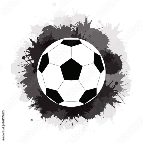 Soccer ball with black ink stains and watercolor splashes. Sport equipment. The object is separate from the background. Vector element for banners, articles and your design. © veleri_kz