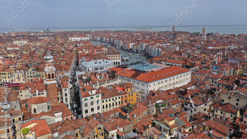 Aerial drone photo of iconic and unique Grand Canal crossing city of Venice as seen from high altitude, Italy