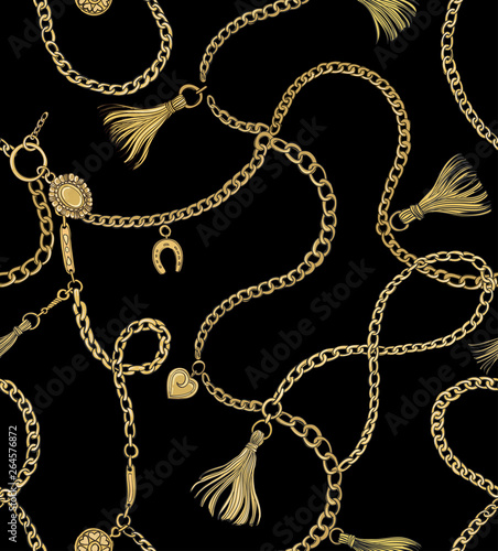 Print with gold chains and tassels on a black background. Vector seamless pattern. Fabric design.