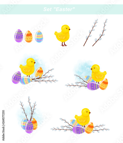 Set  Easter . Chicken  Easter eggs and willow branches. Raster clip art.