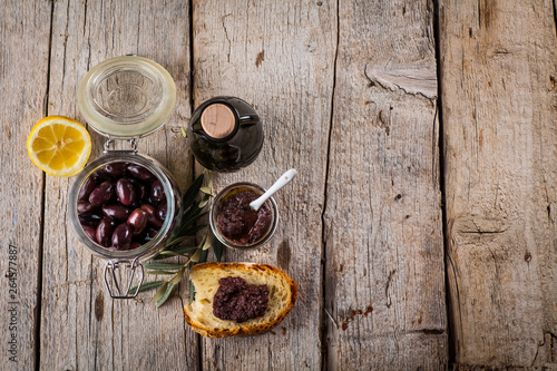 olives, olive oil and olive paste on bread