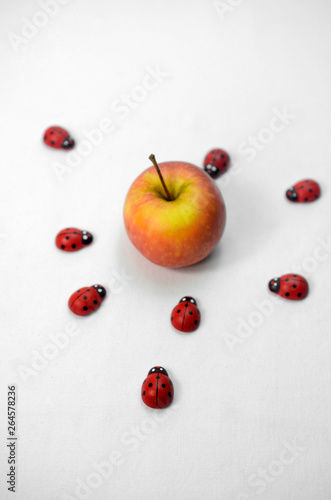 One red apple serounding by bug on white background photo