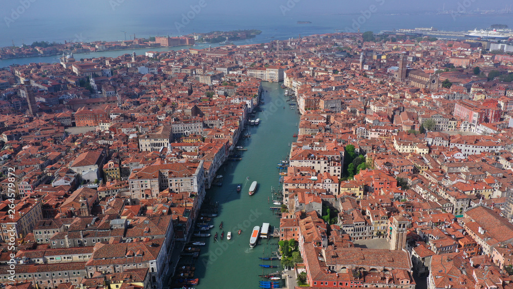 Fototapeta premium Aerial drone panoramic photo of iconic and unique Grand Canal crossing city of Venice as seen from high altitude, Italy