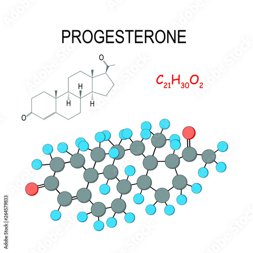 progesterone. Chemical structural formula and model of molecule. C21H30O2.