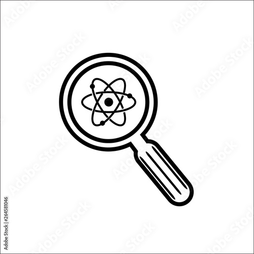 Scientific discovery vector icon, loupe and atomic orbitales on white background