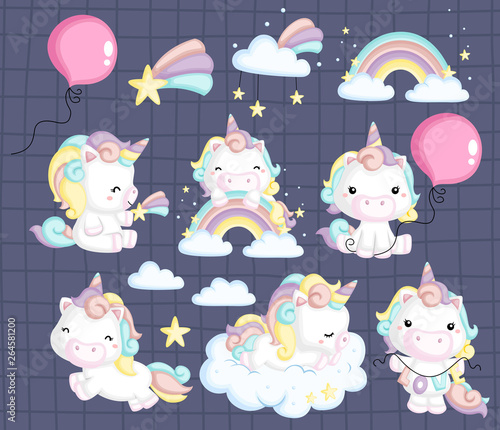 a vector collection of many unicorns in many pose