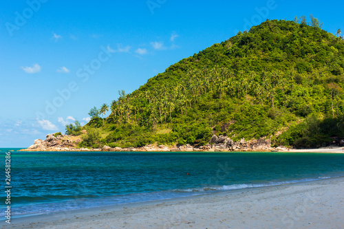 Coastline with fresh green trees at a cape and sea water