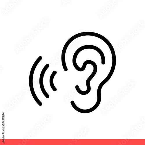 Ear vector icon, hearing symbol. Simple, flat design on white background