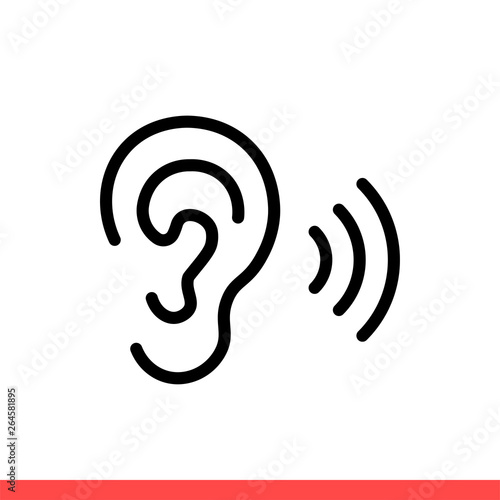 Ear vector icon, hearing symbol. Simple, flat design on white background