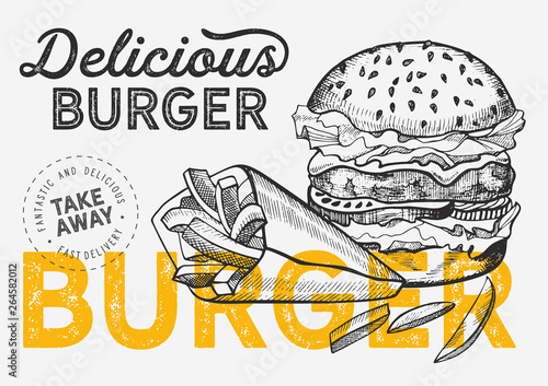 Burger illustration for food restaurant and truck on vintage background. 