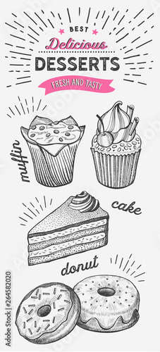 Dessert illustration - cake  donut  croissant  cupcake  muffin for bakery 