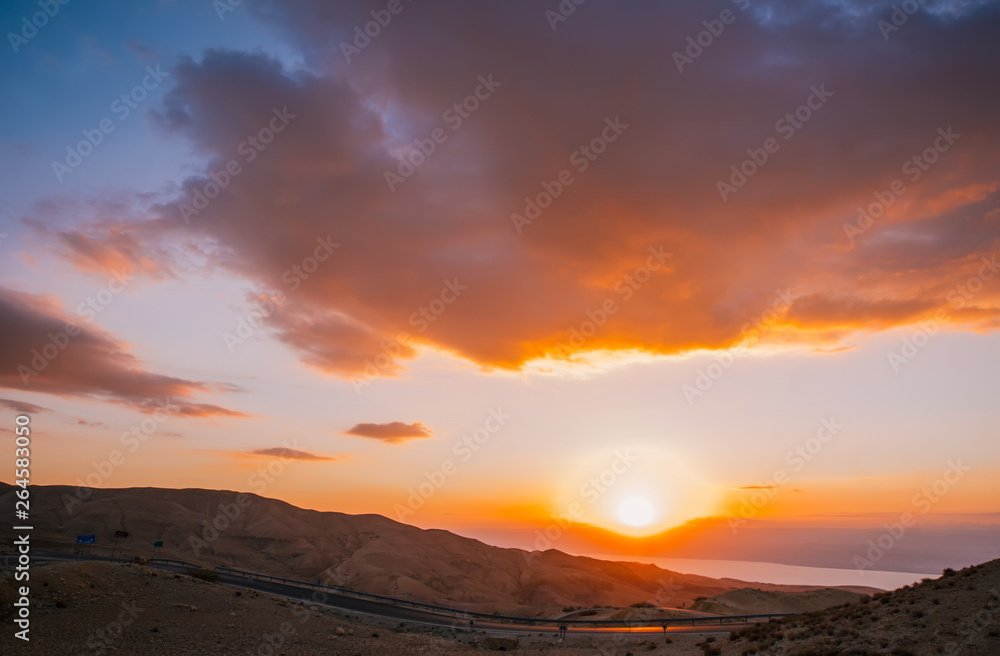 Highway in Wadi Rum on sunset, Jordan.