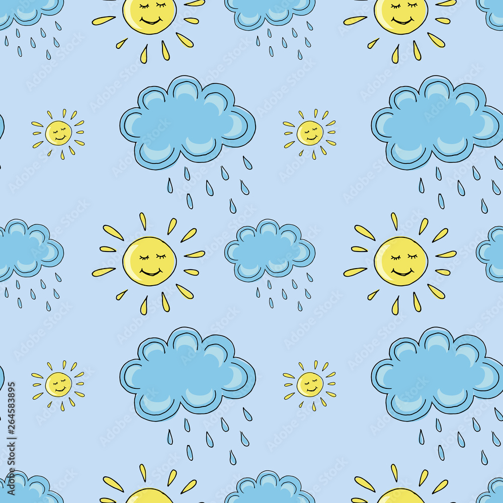 Sun pattern, sun doodle background, hand drawn doodle suns and clouds on blue background, bright sunny pattern for your design