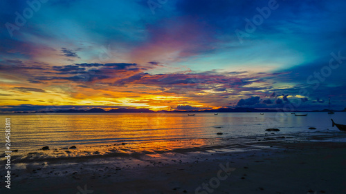 Summer panoramic pink and yellow sunset over the sea  holidays in Thailand concept
