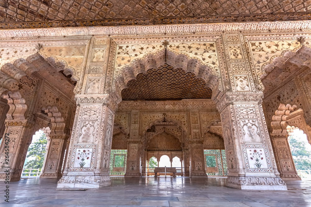 Red Fort Delhi white marble architecture with intricate carvings of the Diwan-i-khas. 