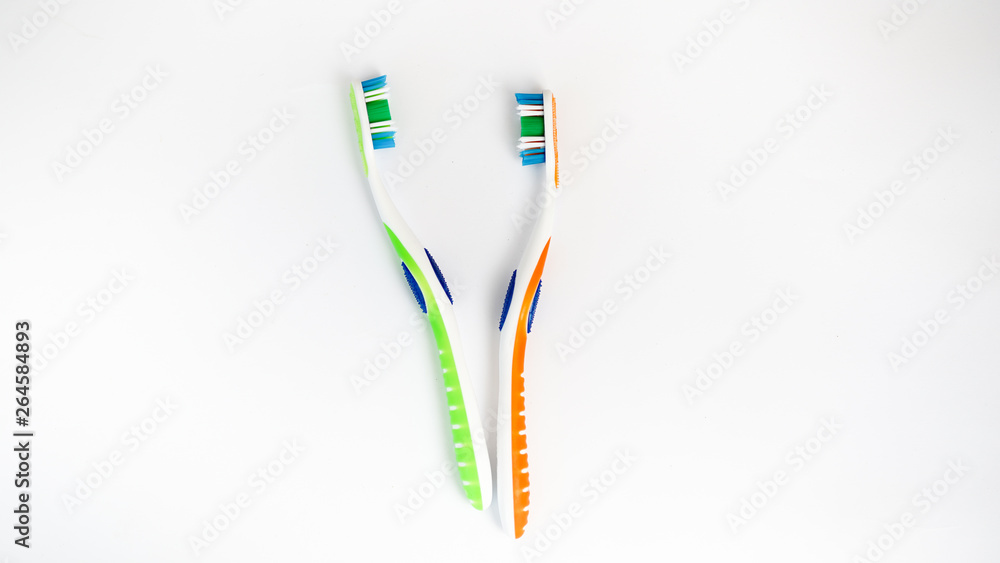 toothbrushes isolated on white background, top view. Space for text toothbrushes isolated on white background, top view. Space for text
