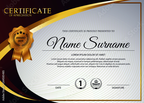 creative certificate of appreciation award template with blue and golden shapes and badge.