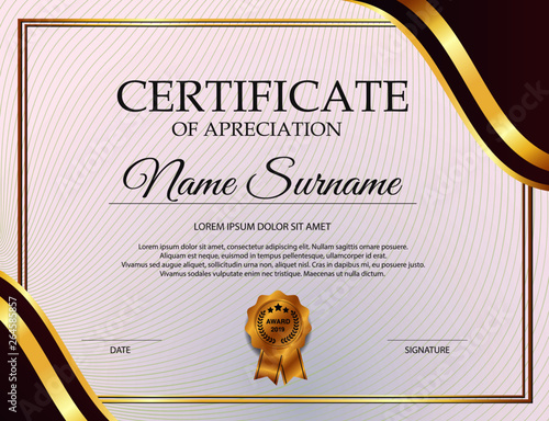creative certificate of appreciation award template with blue and golden shapes and badge.