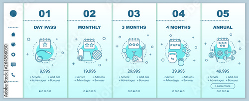 Fitness and health  center membership onboarding mobile app screens with service prices