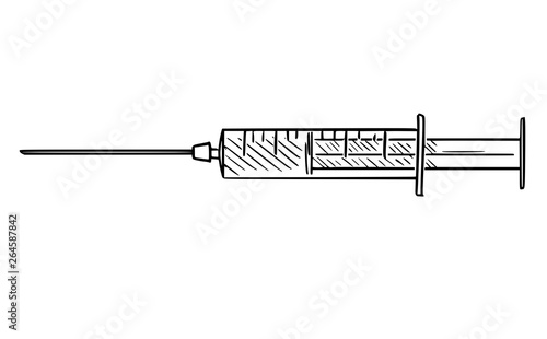 Cartoon drawing or illustration of medical injection syringe.