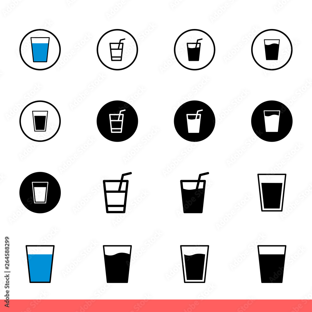 Water glass icon set, cup symbol collection. Simple, flat design on white background